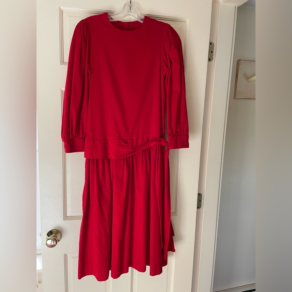 Red Corduroy dress in very fine wale with dropped waistline.